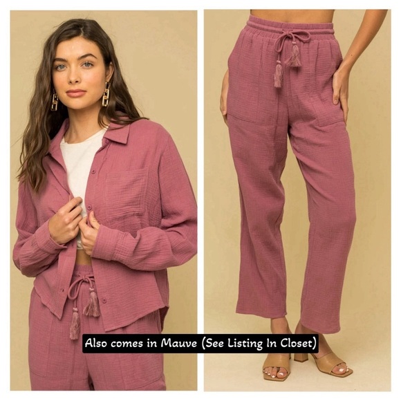 NWT-Cotton Button Down Single Pocket Shirt & Boho Pants Set - Picture 7 of 7